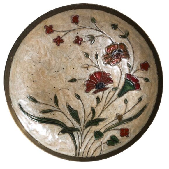 Vintage set of two floral brass and enamel plates - Picture 2 of 16